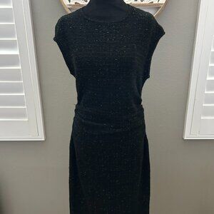 Zara Black Shiny Metallic Thread Midi Dress Ruched Waist Short Sleeve SZ L